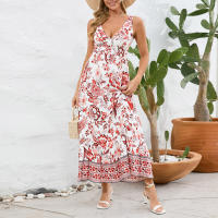 Vestidos largos bohemios para mujer, cuello en V, sin mangas, cintura alta, Maxi, estampados rojos, Playa - details 7
