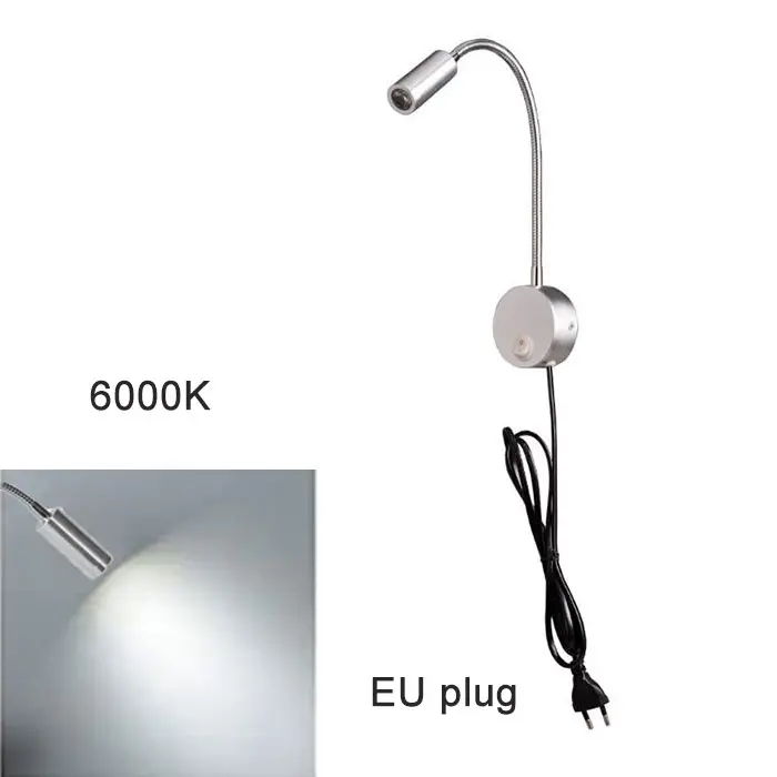 Luces LED de lectura plateadas para cabecero de cama, lámpara de pared de ganso de aluminio, 3W, 3000K, 4000K, 6000K, con enchufe europeo y estadounidense, AC100-240V - 1