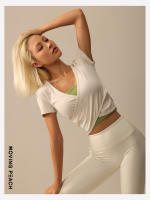 Camiseta deportiva de manga corta para mujer, Top ligero de Yoga, detalle envolvente frontal, suave y transpirable, BTM - details 1