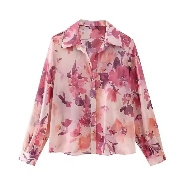 BUNO-Conjunto de dos piezas con estampado floral y manga larga para mujer, camisa informal con una hilera de botones y falda plisada de cintura alta - 1