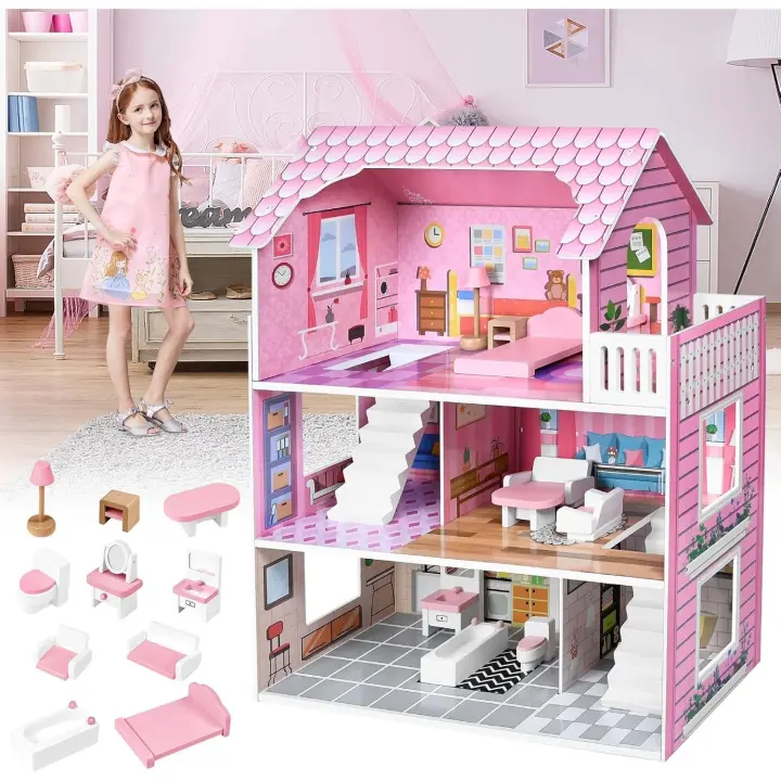 Rosa Casa de Muñecas de Madera, Casita de Muñecas para Niñas, Juego con Muebles y Accesorios, fácil de Montar - 1