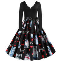 Women plaid print long sleeve vintage a line party dress v neck - details 109