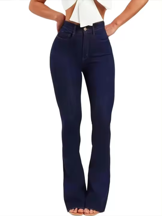 Pantalones vaqueros de estilo coreano para mujer, vaqueros acampanados de cintura media en azul oscuro - 1