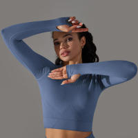 -Top Camisa deportiva de yoga de manga larga a rayas para mujer, sin costuras, que absorbe la humedad - details 4
