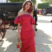Top corto con estampado Tie Dye para mujer, traje elegante de manga corta con hombros descubiertos,conjunto de vestido ajustado - details 3