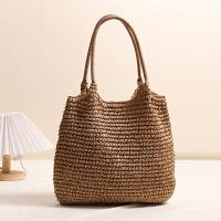 Bolsa de mano tejida de capacidad, estilo informal de vacaciones con correas de hombro fijas, cierre de cremallera, forro de poliéster, color sólido, ideal para viajes al aire libre, camping, compras diarias y almacenamiento - details 2