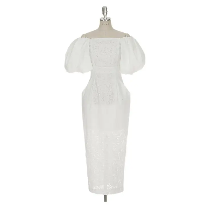 Vestido de mujer con cordones y mangas de bola, ropa elegante con abertura en la cadera, cuello barco, cintura ajustada, verano - 1