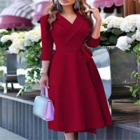 Vestido de cintura con tirantes y cuello en V a la moda para mujer, nuevo vestido de mujer de manga media con temperamento para ir al trabajo - details 2