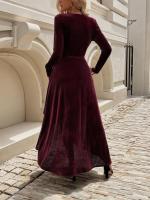 Vestido largo de manga larga con cuello en V para mujer, abertura de Color sólido de lujo, suave - details 12