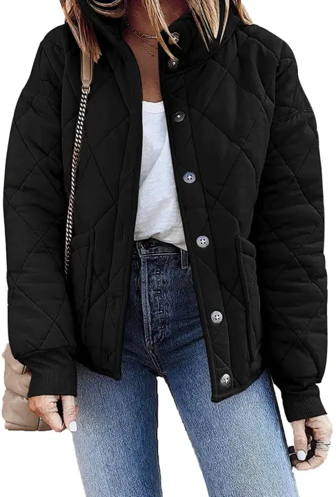 Chaqueta acolchada de manga larga para mujer, abrigo informal de primavera y otoño, Cuello de pie, con bolsillos - 1