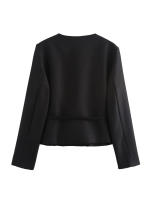 Elegant Black White Jacket For Women Autumn O Neck Long Sleeve Crop Coat Single Breasted With Belt Lady New Outerwear - details 14
