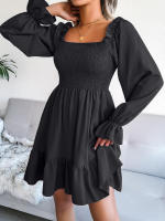Vestido elegante de manga larga para mujer, falda con cuello cuadrado, vestido con volantes de color sólido, moda de primavera y otoño - details 25
