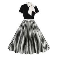 Elegante Vestido Corto con Cuello de Pañuelo Vintage Hepburn Manga Corta, Detalles de Lazo, Negro y Rayas Perfecto para Fiestas Retro - details 0