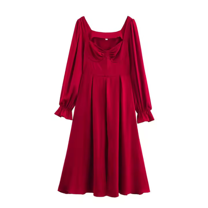 OUWU- 2025 Nuevos Vestidos De Manga Larga Con Cuello Cuadrado Rojo Vestido Midi De Primavera De Estilo Europeo Y Americano Para Mujer - 1