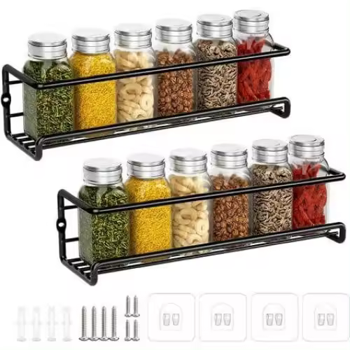 Estante de Metal montado en la pared para especias, sin perforación, negro, 29x6x6cm (2 piezas) - 1