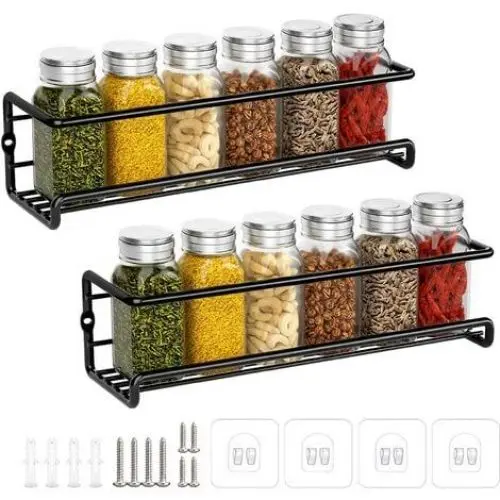 Estante de Metal montado en la pared para especias, sin perforación, negro, 29x6x6cm (2 piezas) - 1