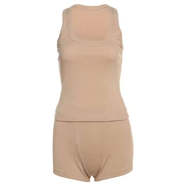 BUNO-chándales informales para Mujer, conjunto de 2 piezas, chalecos cortos elásticos con cuello en U y pantalones cortos acanalados, ropa deportiva concisa para gimnasio - 1