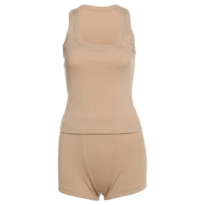 BUNO-chándales informales para Mujer, conjunto de 2 piezas, chalecos cortos elásticos con cuello en U y pantalones cortos acanalados, ropa deportiva concisa para gimnasio - 1