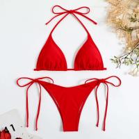 Bikini de mujer marrón sexy, camisola roja lisa, lazo lateral de sujetador reforzado, traje de baño triangular, cordones de verano, 2025 - details 6