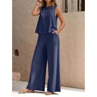 Conjunto de chaleco de cuello redondo y pantalones de pierna ancha para mujer, elegante, de dos piezas, color sólido, 2025 - details 1