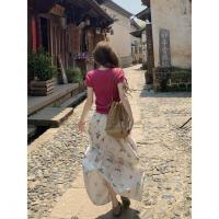 Vestido de mujer novedad de verano de gama alta rosa francés top de manga corta floral medio cuerpo falda larga conjunto de dos piezas - details 3
