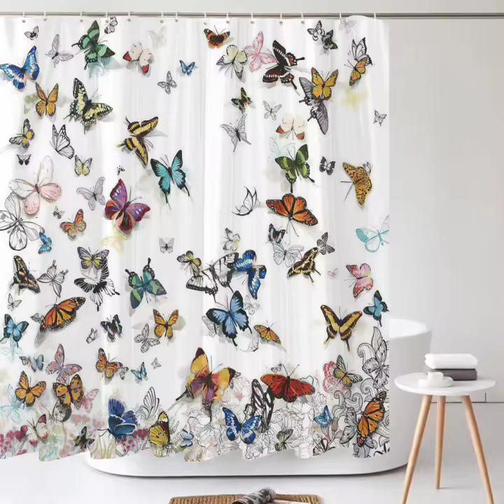 Cortinas de ducha con patrón de mariposa para baño, tela impermeable de alta calidad con estampado 3D de flores, 12 ganchos - 1