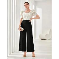 Pantalones de vestir coreanos elásticos cómodos y elegantes de cintura alta anchos de pierna recta marrón para mujer - details 6