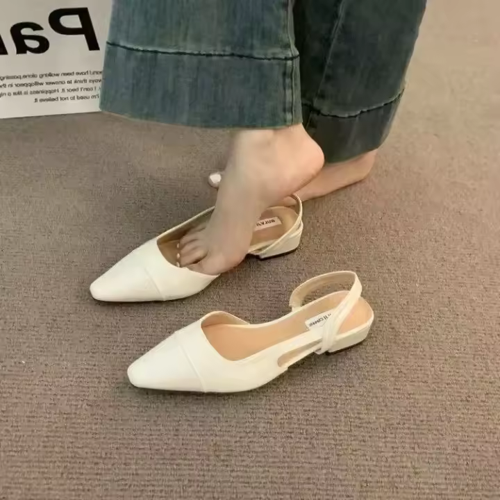 Sandalias de Tacón Bajo 24 para Mujer Color Nude Francés, Punta Afilada, Estilo Pequeño Fragante, Tacones Gruesos, Estilo Trasero - 1