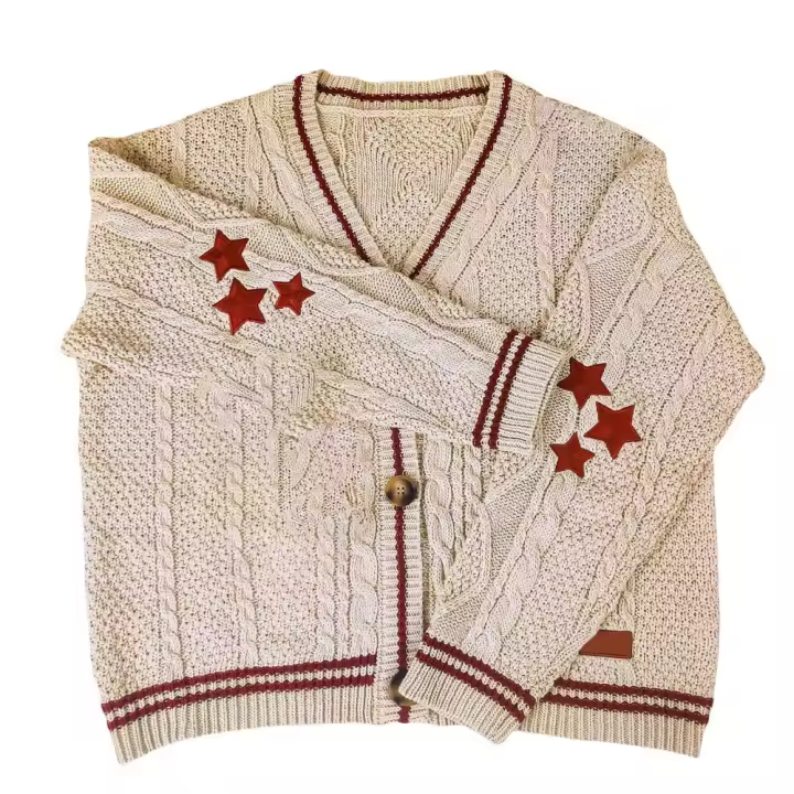 Chaqueta de punto con estampado de estrella vintage, cuello en V preppy, manga larga - 1