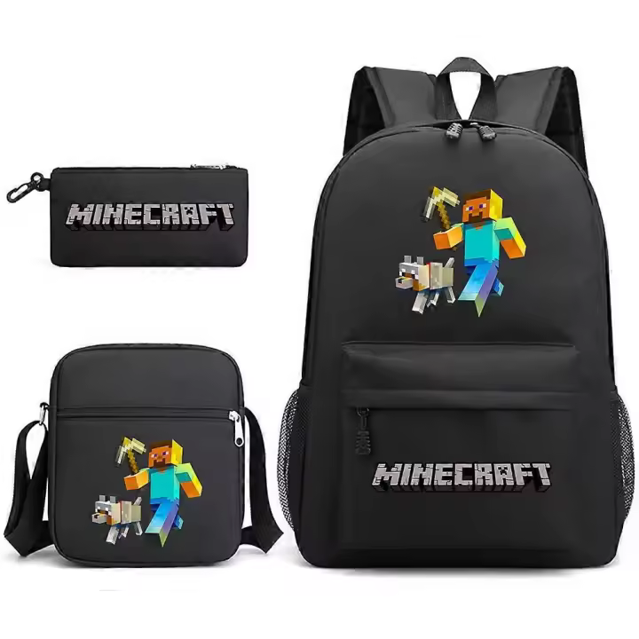 Minecraft My World Schoolbag Game Peripheral Student Mochila escolar de tres piezas impresa de gran capacidad para hombres y mujeres Negro ~ 4 - 1