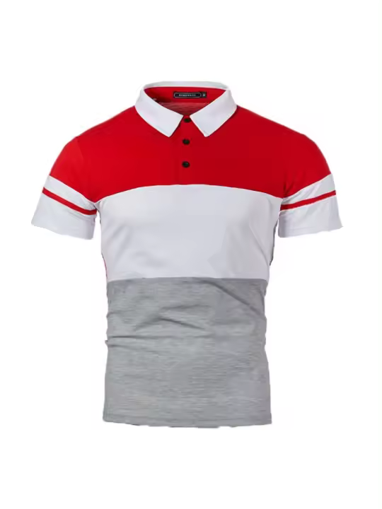 Polo de manga corta para hombre, diseño de cinturón tejido de retazos de dos colores, informal, a la moda. - 1