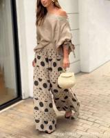 Conjunto Casual de Pantalón para Mujer Top de Hombro Descubierto, Mangas de Farol, Estampado de Punto Pantalones de Pierna Ancha - details 1