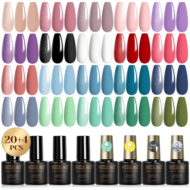 ROSALIND-esmalte de uñas semipermanente, 24 piezas, 20 colores, Gel UV Soak Off, Base de Gel y capa superior, purpurina Effe - 1