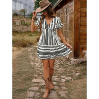 2024 nuevo vestido de vacaciones informal de verano con estampado geométrico y cuello en V y manga caída para mujer 1 - details 2