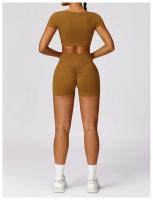 Conjunto de mallas de yoga, top, conjunto deportivo Fiess de manga corta, material de nailon para mujer, patrón sólido adaptable para primavera/verano - details 20