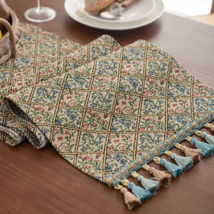 Camino de mesa de Jacquard con bandera de mesa, mantel de algodón con borlas, decoración de mesa Vintage gruesa - 1