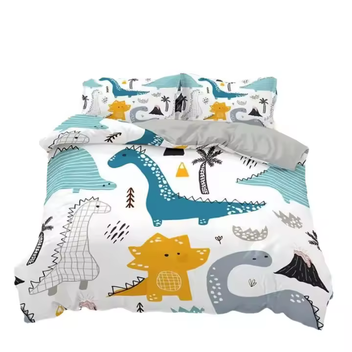 Tiendas Juego de cama de dinosaurio de dibujos animados, edredón bohemio tamaño King y doble reina, funda nórdica de poliéster, funda de almohada, ropa de cama suave - 1