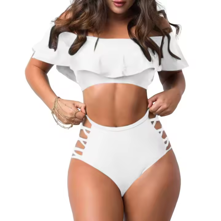 Conjunto de Bikini con hombros descubiertos, sujetador Bandeau con ribete con volantes, bañadores calados de cintura alta, traje de baño con realce, 2 unidades por juego - 1