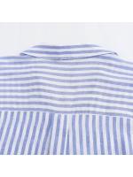 Camisa De Lino Mezclado Azul Con Rayas Estilo Académico Veraniego Para Mujer Casual Cuello En V Manga Tres Cuartos Ajuste Regular - details 8