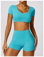 Conjunto de mallas de yoga, top, conjunto deportivo Fiess de manga corta, material de nailon para mujer, patrón sólido adaptable para primavera/verano - details 5