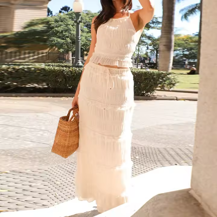 Conjunto de Primavera-Verano sin Mangas para Mujer Vestido Plisado, Cuello Redondo Suave, Cintura Elástica de Tres Piezas - 1