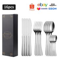 Vajilla de acero inoxidable para cocina, juego de tenedor, cuchara, cuchillo, cubiertos negros, 16 piezas - details 12