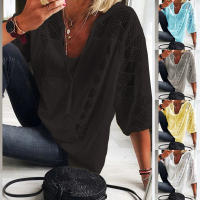 Blusa de Lino y Algodón para Mujer Cuello en V, Manga 3/4, Blusa Holgada Informal, Moda Diaria - details 2