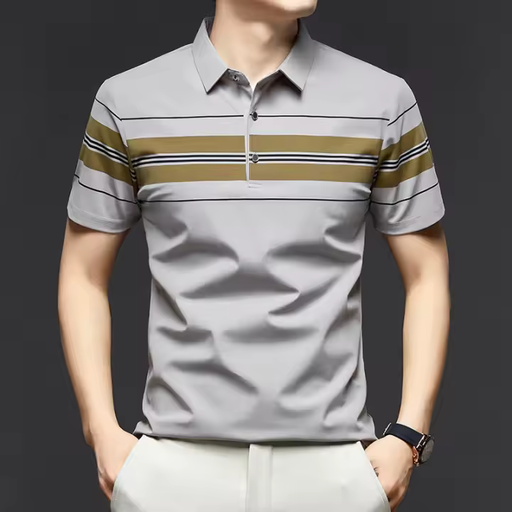 Nueva camisa polo a rayas para hombre, camiseta informal de mediana edad con solapa transpirable de verano para hombre, traje de papá - 1
