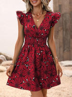 Vestido corto informal con estampado Floral para mujer, minivestido de calle con manga con volantes, rojo S - details 3