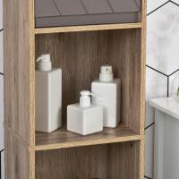 Armario alto para baño, columna de baño con 2 puertas y 2 estantes abiertos, mueble auxiliar de almacenamiento para salón/recepción, 30x24x170 cm, roble y gris. - details 8