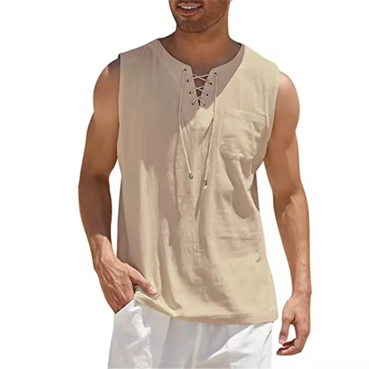 Camisas casuales sin mangas para hombre, chaleco de vendaje con cordones, blusa retro con cuello en V, camisa suelta de moda, ropa de color sólido para hombre - 1