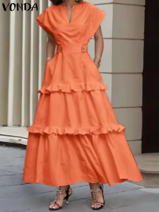 VONDA, vestido con volantes para mujer, verano 2025, vestido veraniego de Color sólido, Vestidos de playa con cuello en V, bata holgada informal bohemia de gran tamaño - 1