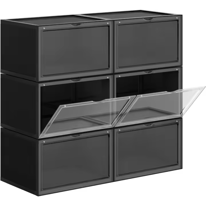 Cajas de Zapatos, Juego de 6, Organizadores de Zapatos Apilables con Puerta, Zapatero de Plástico, hasta Talla 46, 28 x 36 x 22 cm, Negro - 1