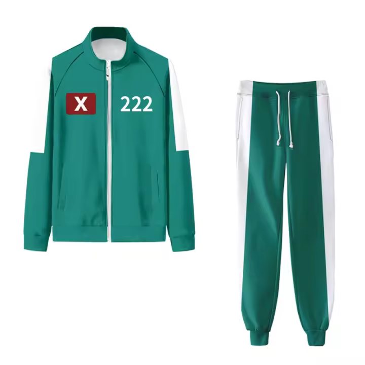 Juego de calamar de Carnaval de Halloween, disfraz de juego de rol para adultos, sudadera verde claro + pantalones roscados de Color sólido, conjunto de dos piezas - 1